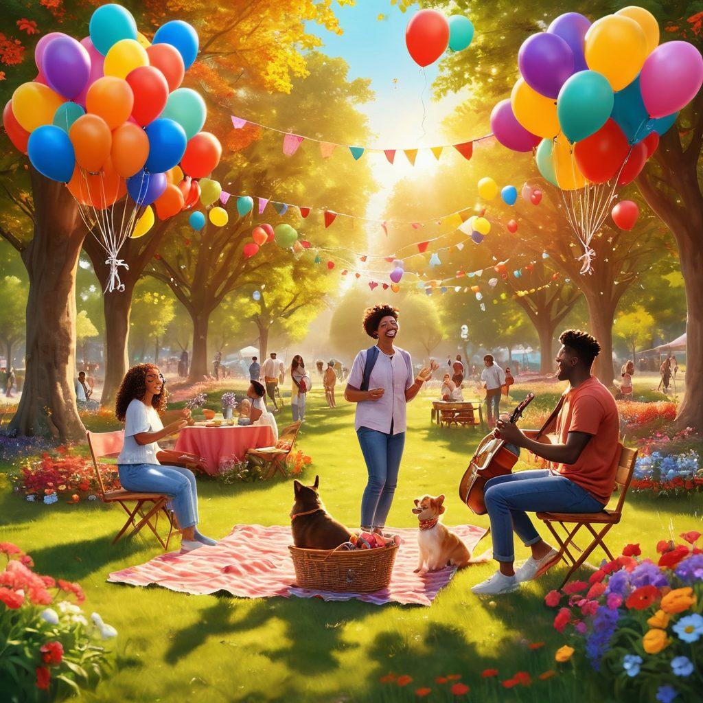 A vibrant scene depicting diverse people joyfully connecting, sharing laughter and experiences in a colorful park setting, surrounded by blooming flowers and warm sunlight. Include elements like picnic baskets, musical instruments, and playful pets to enhance the feeling of happiness and community. The background should express a sense of euphoria with colorful balloons and streamers. vibrant colors. super-realistic.