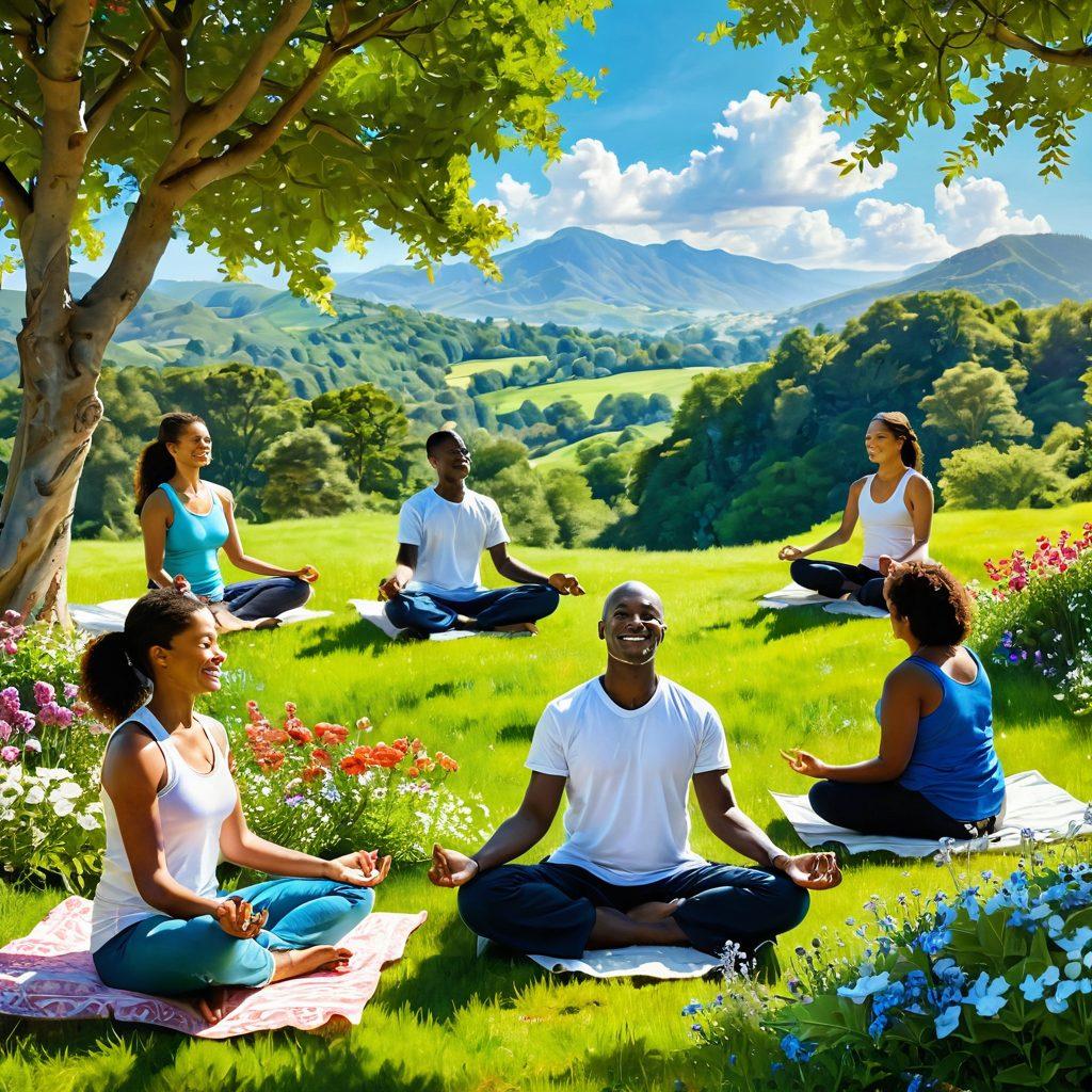 A serene and uplifting scene depicting a diverse group of people joyfully engaging in community activities, surrounded by nature, vibrant flowers, and gentle sunlight. In the foreground, a person meditates while others share laughter, symbolizing connection and blissful moments. The background features a harmonious blend of green hills and a bright blue sky, evoking a sense of peace and happiness. super-realistic. vibrant colors. soft focus.