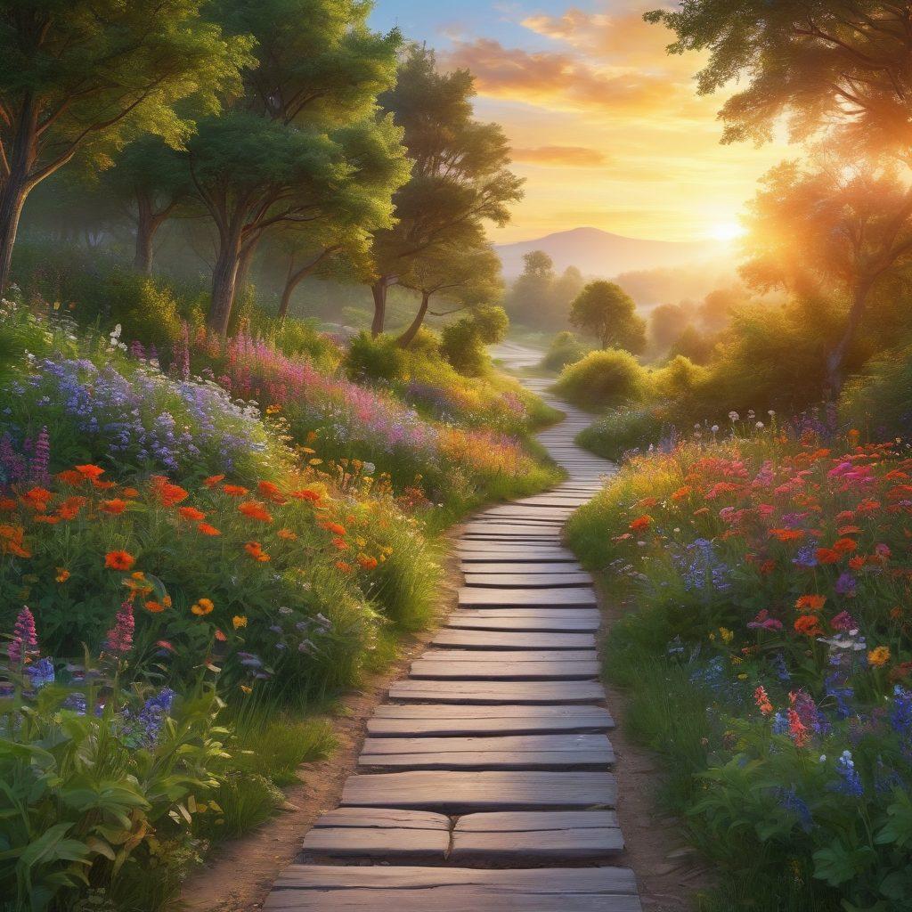 A serene landscape featuring a winding path through colorful wildflowers and lush green trees, leading towards a radiant sunrise symbolizing new beginnings. Add subtle elements like a person meditating peacefully on the path and butterflies fluttering around, representing joy and transformation. The overall atmosphere should be uplifting and tranquil, capturing the essence of discovering happiness. vibrant colors. super-realistic.
